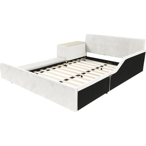 Kinder-Polsterbett 140x200 cm mit Schreibtisch, Hocker und Regal, weißer Samt (1/5)