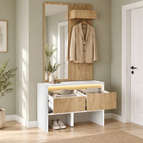 Ingresso con specchio, panca portascarpe e 2 cassetti, 60 x 38 x 145 cm, bianco/naturale OKMYHOME