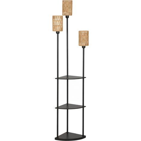 Lámpara de pie de 3 luces con 3 estantes, pantallas de cuerda de papel trenzada, negra HAVRYA (1/5)