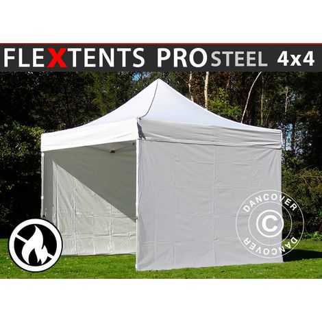 Pop up gazebo FleXtents PRO Steel 4x4 m White, Flame retardant, incl. 4 sidewalls