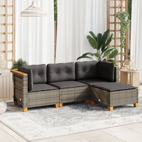 Ensemble de jardin 4 places en résine tressée gris avec coussins déhoussables (1/5)