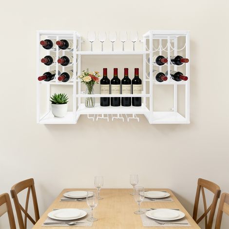 Casier à Vin Mural pour 12 Bouteilles avec Porte-Verres (Blanc) 97x25x60cm Porte Bouteille Vin Mural, en Fer, Charge 45,36Kg, pour Maison, Bar, Restaurant (1/5)