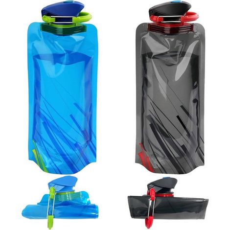 Lot de 2 bouteilles d'eau pliables 700 ml – Noir et bleu – Sans BPA – Avec mousqueton – Pour sport, voyage, cyclisme (1/5)