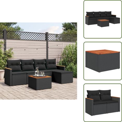 The Living Store Salon de jardin 6 pcs avec coussins noir résine tressée - Ensemble Salon De Jardin - Mobilier Extérieur - Jardin Design - Chaise Lounge - Set Salon (1/5)