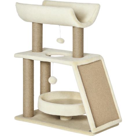 Albero per gatti design accogliente ed elegante, multi-accessoriato, centro attività con tiragraffi, piattaforme, letto e pallina sospesa in legno e peluche corto in sisal, 60 x 30 x 76 cm, marrone ch (1/5)