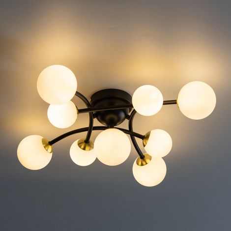Design Deckenleuchte mit gebogenen Armen schwarz 9 Weißglaskugeln - Azoria