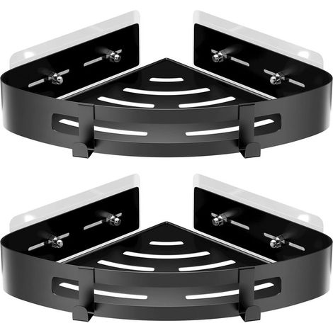 2 Pièces Etagère de Douche d'angle sans Perçage en Aluminium, Tablette de Douche d'angle avec Crochets, Organisateurs de Salle de Bains, Idéal pour salles de Bains, Cuisines Salons(Noir) (1/5)