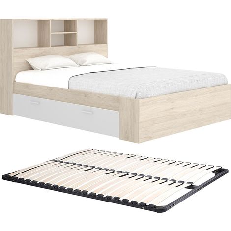 Letto 140 x 190 cm Con vani portaoggetti Naturale e Bianco + Rete  - VARDIEL