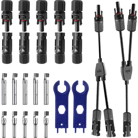 Stecker/Buchsen für Solarmodulkabel, Y 1-2 Abzweigung, IP67 wasserdicht, Montagewerkzeug im Lieferumfang enthalten (5 Paare)