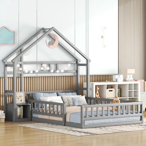 140 x 200cm Kinderbetten, Flachbetten, Hausbetten mit Geländer, Kinderbetten mit Nachttischen, Grau (1/5)
