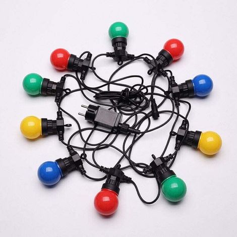 Guirlande lumineuse multicolore IP65 de 5 m, lumières électriques d'extérieur, 10 ampoules, bleu, rouge, jaune et vert, décoration romantique pour patio et jardin. (1/2)