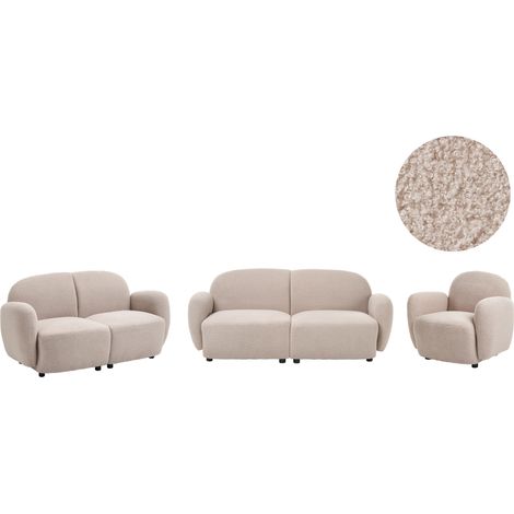 Conjunto de sala de estar de estilo retro con respaldo y reposabrazos redondeados de bouclé patas de plástico salón beige Jule (1/5)
