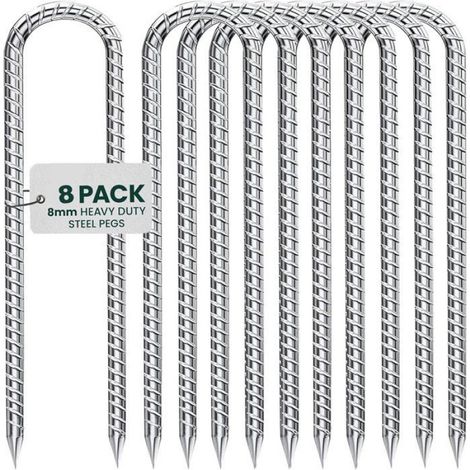 Lot de 8 Sardines de Fixation - 30cm Ancrages au Sol en Acier Galvanisé - avec Crochet en U pour Tente, Trampoline - Silver (1/5)