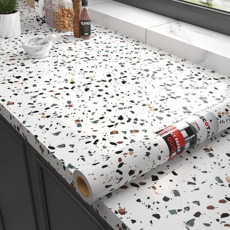 CCYKXAPapier Adhesif pour Meuble Cuisine Blanc Effet Terrazzo88X300cm Papier Peint Salle de Bain Impermeable Revêtement Plan de Travail Cuisine Film Adhesif (1/5)