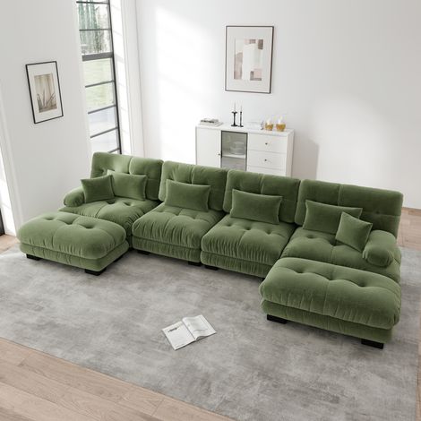 Canapé d'angle modulable 4 places, canapé panoramique U ou L, assise profonde avec 2 poufs mobiles pour salon - chenille - vert