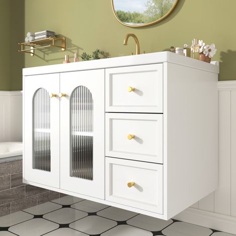 Mobile bagno sospeso 80 cm con lavabo in ceramica, MDF bianco, 2 cassetti (1/5)