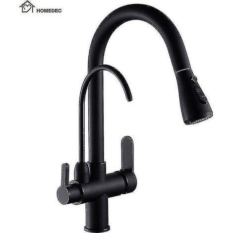 Robinet de cuisine 3 en 1 (noir) avec robinet d'eau potable et douchette extractible à 3 fonctions (1/5)