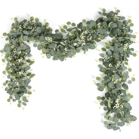Guirlande de 2 eucalyptus artificiels avec feuilles de saule, feuilles vertes, fleurs blanches, plante artificielle, plante suspendue pour décor, mariage (1/5)