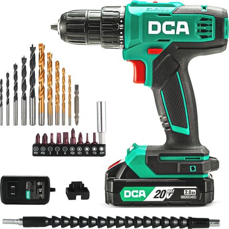 Perceuse-visseuse sans fil avec couple de 40 Nm, mandrin sans clé de 10 mm, batterie 2,0 Ah et chargeur, 18 + 1 niveaux de couple, 25 pièces 20 V