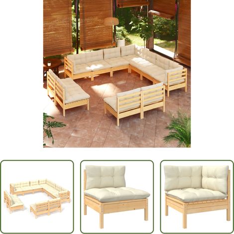 Terrassensofa - 11-tlg. Garten-Lounge-Set mit Creme Kissen Massivholz Kiefer (1/5)