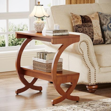 Tribesigns Table d’appoint Tribesigns en bois massif, table de canapé étroite avec 2 tablettes, 30 cm de profondeur, table de nuit mid-century à pieds croisés pour salon, chambre et petits espaces, no (1/5)