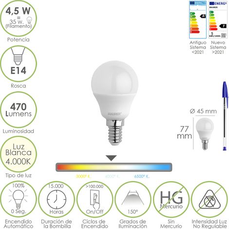 Bombilla Led Esferica Rosca E14 4.5 Watt. Equivale A 35 Watt. 470 Lumenes. Luz Neutra (4000º K)
