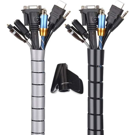 Organizador de cables flexible de polietileno (2 x 3 m), paquete de 2, para guardar u ocultar cables (2,2 cm y 1,6 cm), color negro y gris. (1/5)