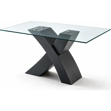 Tavolo fisso Duncan con piano in vetro e gambe incrociate effetto legno nero 150x90x76H (1/5)