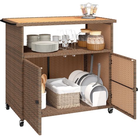 Servierwagen en rotin avec plateau en eucalyptus FSC 95x54x84 cm