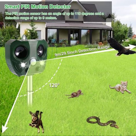 Répulsif à Ultrasons pour Animaux - Étanche - Solaire - Répulsif pour Animaux - pour Jardin, Ferme, Cour, 5 Modes, Détecteur de Mouvement et Lumière LED Puissante Clignotante (1/4)
