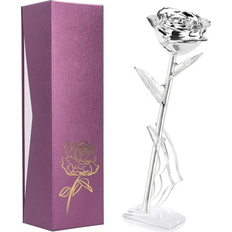 Fleur Rose plaquée Or 24 carats, Fleurs Roses argentées avec Support Transparent et boîte Cadeau, décoration Romantique pour la Saint-Valentin, Anniversaire (1/5)