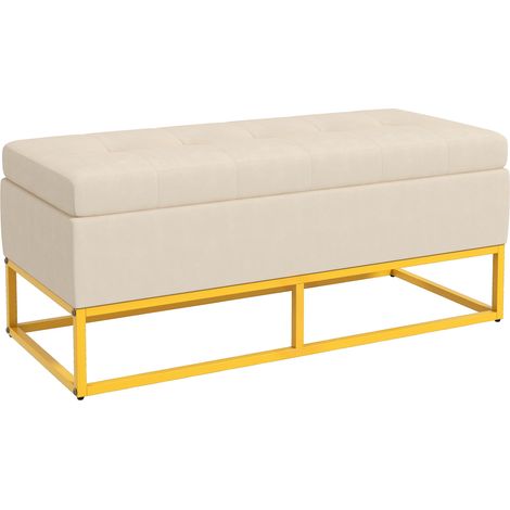 Banc de rangement, capitonnage décoratif, aspect flanelle, pieds en acier doré, 110 x 47 x 46,5 cm (1/4)