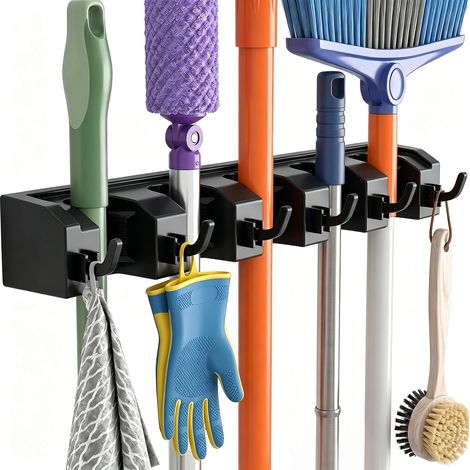 Porta scopa da parete con 5 staffe e 6 ganci, realizzato in plastica ABS spessa e robusta, fissaggio a vite, per casa, cucina e (nero, 1 pezzo) (1/5)