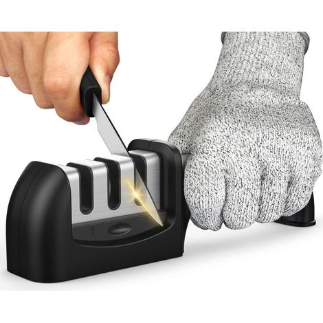 Affûteur de couteaux de cuisine manuel à 3 étapes avec gants de protection anti-coupure. Outil d'affûtage avec tige en acier tungstène et céramique revêtue de diamant et antidérapante. (1/3)