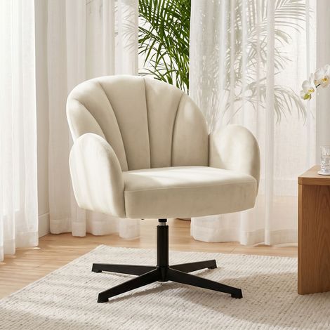 Fauteuil salon pivotant fauteuil d'appoint rembourré en velours dossier en forme de coquille coussin à ressorts beige (1/5)