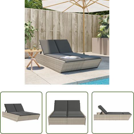 Sonnenliege - Doppel-Sonnenliege mit Kissen Hellgrau Poly Rattan (1/5)