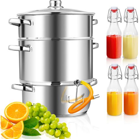 Jiubiaz Estrazione a vapore 8 L in acciaio inox con 4 bottiglie con tappo a clip – Estrattore per frutta e verdura, Ø 26 cm, lavabile in lavastoviglie, adatto a tutti i tipi di fornelli, compresa l'in (1/5)