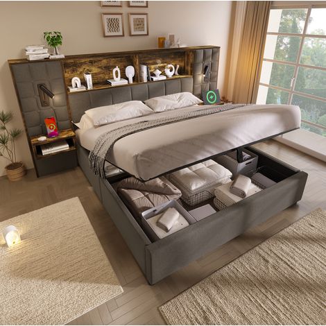 Lit adulte 180x200 cm avec rangement, LED, lampes de lecture, ports USB Type-C, chevets suspendus, lin gris (1/5)