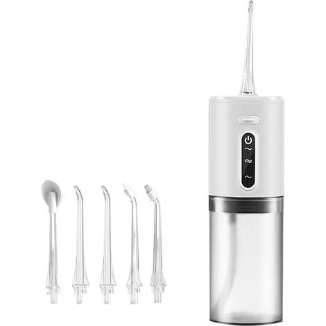 Hydropulseur dentaire sans fil – Réservoir 280 ml – 3 modes et 5 embouts – Rechargeable et portable – Pour hygiène bucco-dentaire et des gencives – 19 x 6,5 cm – Blanc (1/5)