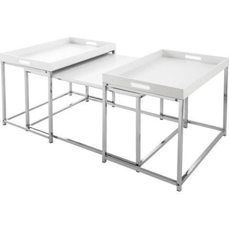 Niedrige Beistelltische VORTEX in mattem Weiß und silbernem Metall – 3er-Set modernes Design (1/5)