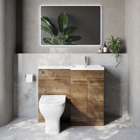 Napoli 390 Tobacco Oak 1000mm 2 Door Vanity Unit Toilet Suite with Right Hand Square Lucia Basin - 1000mm - Chrome 160mm HandleWith Kingston Toilet Pan and Seat