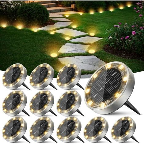 Lot de 12 lampes solaires d'extérieur, 8 LED, projecteurs solaires étanches pour allées, chemins, pelouses, terrasses, jardins, piscines, lumière blanche chaude