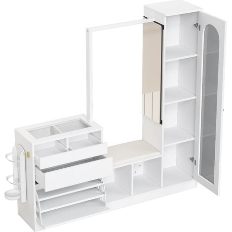 Combinazione ingresso 6 in 1 bianca con specchio, scarpiera ribaltabile, panca e LED regolabile (1/5)