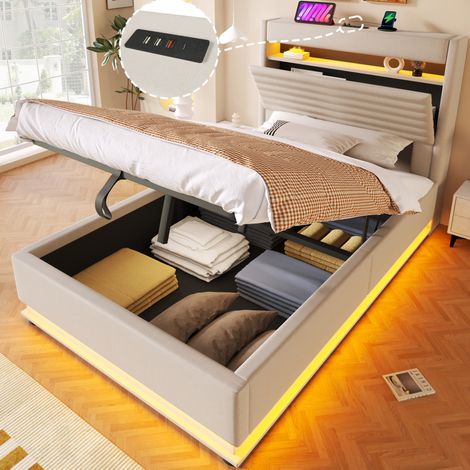 lit adulte rangement 90x200 LED USB lin beige OKMYHOME (1/5)