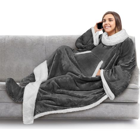 Couverture Polaire Adulte Avec Manches Et Poches Pieds - Robe Enveloppante Chaude Douce - Pour Détente Maison Hiver - Taille Unique (1/5)