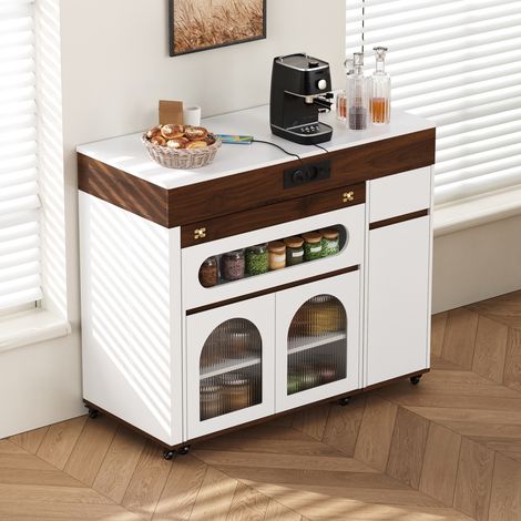 Îlot de cuisine roulant extensible, prises intégrées, verre cannelé design, 1 tiroir pratique, pour cuisine et salle à manger, blanc/noix, plan de travail modulable (1/5)