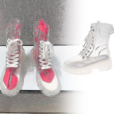 Bottes imperméables transparentes à plateforme pour femmes, chaussures de pluie transparentes à lacets - 40 - Rose (1/5)