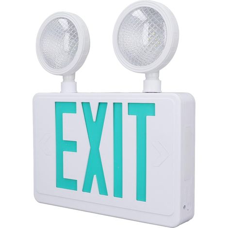 Panneau de Sortie Vert avec Lumières de Secours, Deux Lumières de Sortie de Secours à Tête Réglable à LED avec Batterie de Secours, Combinaison de Lumière de Secours à LED