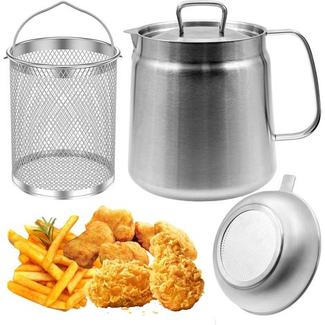 Setaccio da 2 litri, friggitrice, acciaio inox 304, pentola filtro olio con setaccio e cestello per friggere per cucina, contenitore per grasso multifunzionale per friggere (1/5)