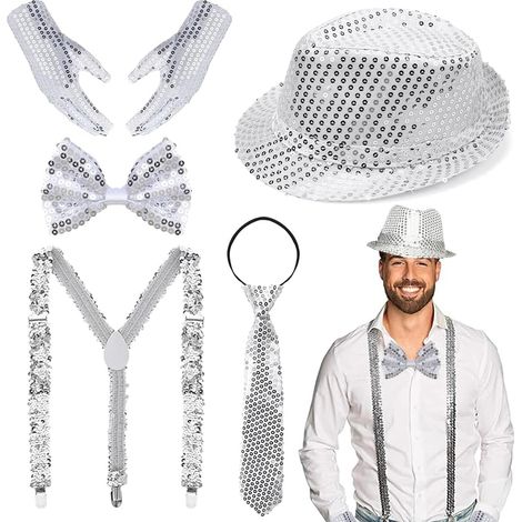 Traje de hombre con lentejuelas, accesorios con lentejuelas, traje de hombre, con tirantes de lentejuelas, pajarita de lentejuelas, corbata, guantes, traje plateado con lentejuelas para carnaval, fies
